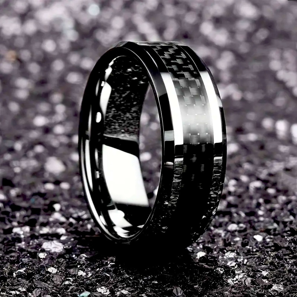 Black Mens Ring size 12 Stainless Steel Carbon Fiber Black Inlay Wedding